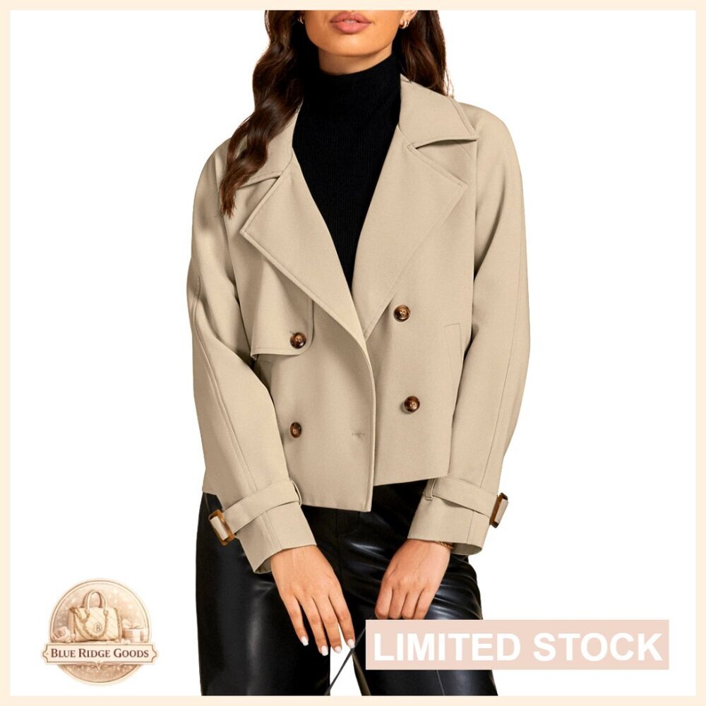 Cropped Trench Coat Long Sleeve Double Breasted Notch Lapel Loose Fit